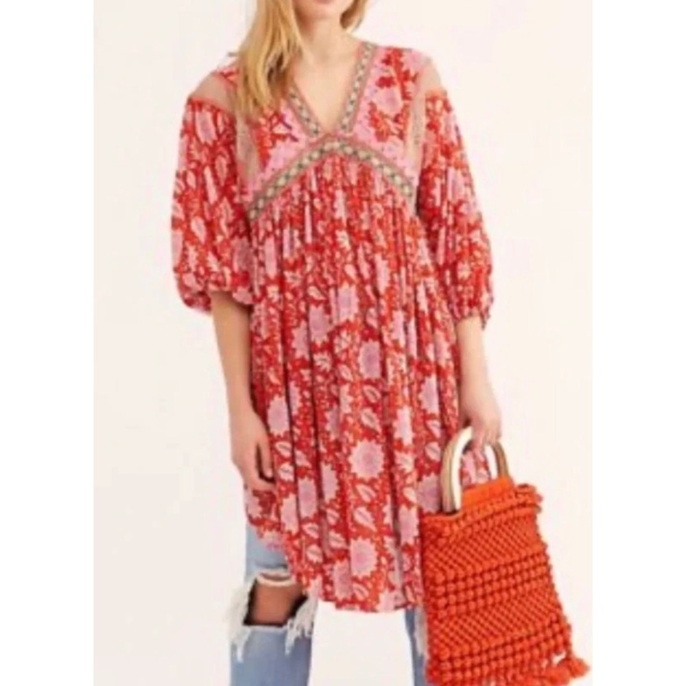 Free People Red Floral Boho Mini Dress Tunic Top Crochet Lace Large Boho Chic